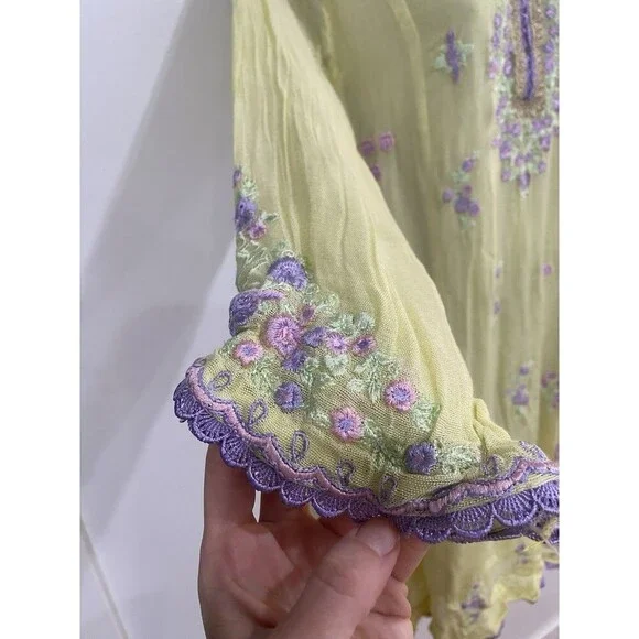 Agha Noor Afghanoor Yellow & Purple Embroidered Dress Size Medium Floral Lined - Picture 6 of 10